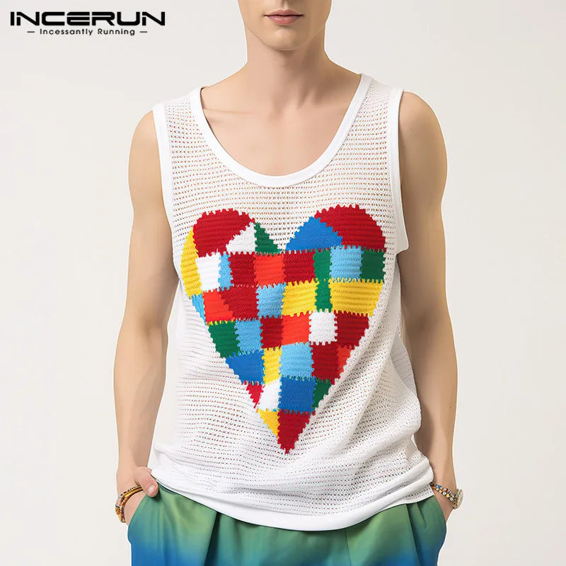 INCERUN Tops 2024 Style Américain Mode Hommes Coloré Motif De Cœur Conception Gilets Décontracté Creux Maille Sans Manches Débardeurs S-5XL