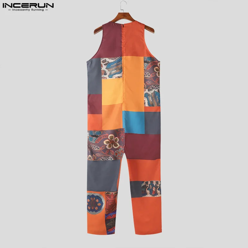 INCERUN 2024 Ethnic Style Rompers Men Printing U-neck Design Jumpsuit Leisure Streetwear Personality Sleeveless Jumpsuits S-5XL