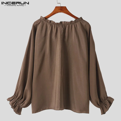 INCERUN Tops 2024 Fashionable New Men's Loose O-neck Ruffled Design T-shirts Casual Solid All-match Long Sleeved Camiseta S-5XL