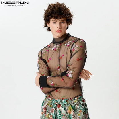 INCERUN Tops 2024 New Men Embroidered Flower Perspective Mesh Shirts Sexy Stylish Male Thin Long Sleeved Tie Collar Blouse S-5XL