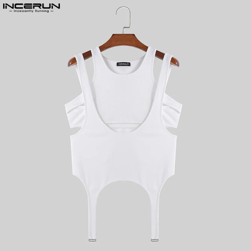 INCERUN Tops 2024 American Style Fashion Men's Irregular Hem Vests Casual Deconstruction Design Solid Sleeveless Tank Tops S-5XL