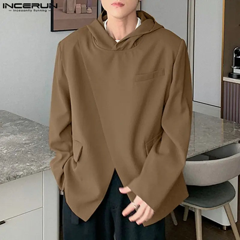 INCERUN Tops 2023 Koreanischen Stil Hübsche Männer Mit Kapuze Diagonal Knopfleiste Design Anzug Solide Alle-spiel Casual Street Männlichen Blazer S-5XL