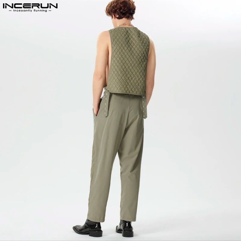 2024 Men Sets Patchwork Streetwear O-neck Sleeveless Zipper Tank Tops & Lace Up Pants 2PCS Fashion Men's Casual Suits INCERUN