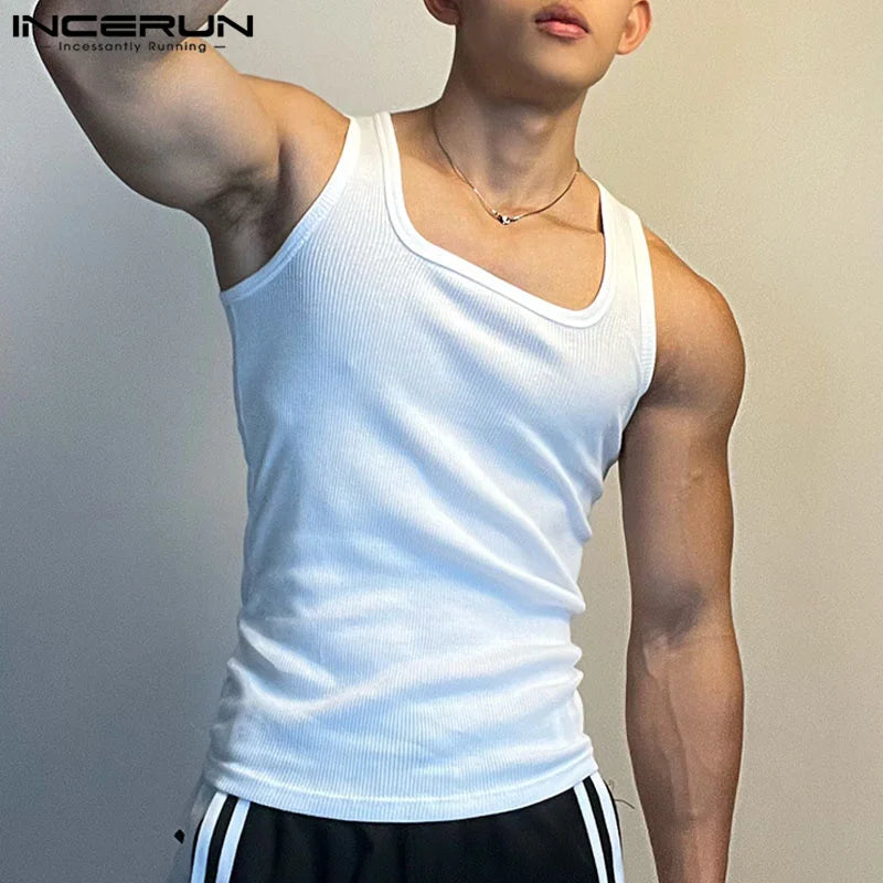 2023 Men Tank Tops Solid Color O-neck Sleeveless Workout Casual Male Vests Fitness Summer Streetwear Men Clothing S-5XL INCERUN