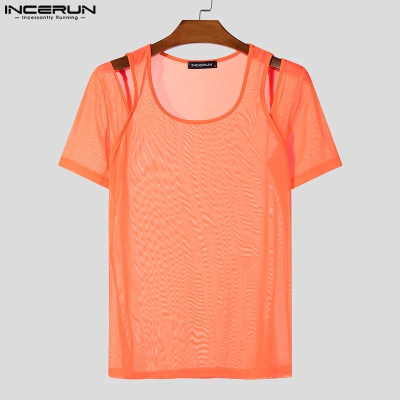 INCERUN Tops 2024 Korean Style Fashion Men's Sexy U-shaped Neck T-shirt Casual Male Shoulder Hollow Short Sleeved Camiseta S-5XL