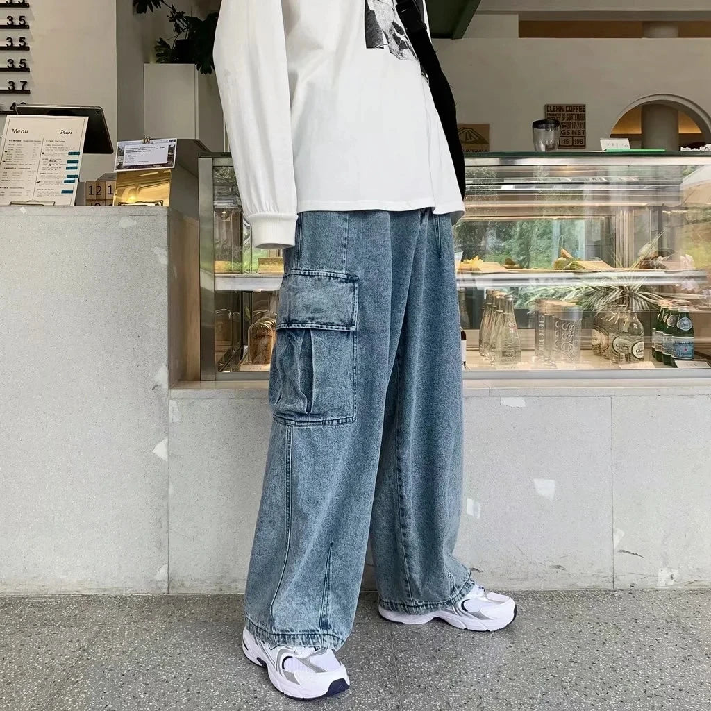 HOUZHOU Baggy Jeans Trousers Male Denim Pants Black Wide Leg Pants Men's Jeans Oversize Cargo Korean Streetwear Hip Hop Harajuku