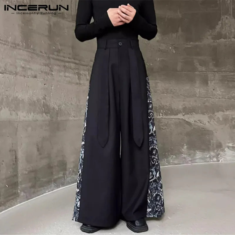 INCERUN 2024 Korean Style Trousers New Men's Printed Patchwork Wide Leg Skirts Pants Casual Personality Hot Sale Pantalons S-5XL