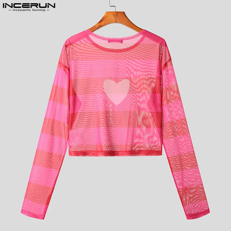 INCERUN Tops 2023 American Style New Men's Hollowed-out Love Pattern Camiseta Fashion Casual Printed Long-sleeved T-shirts S-5XL