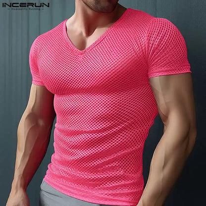 INCERUN Tops 2024 American Style Fashion Mens Rose Red Mesh T-shirts Casual Sexy Party Shows V-neck Short Sleeved Camiseta S-2XL