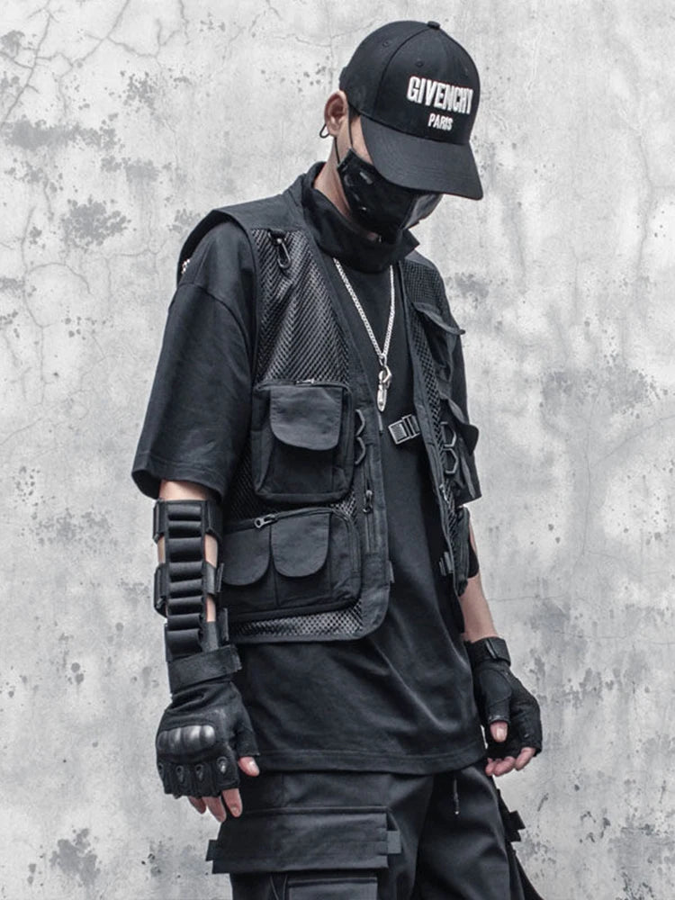 HOUZHOU Techwear Schwarze Cargo-Bikerweste ohne Ärmel Tanktops Herren Ärmelloses Top Herrenbekleidung Japanische Streetwear Hip Hop