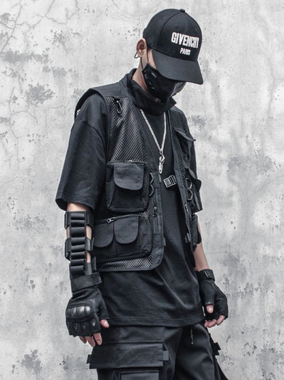 HOUZHOU Techwear Schwarze Cargo-Bikerweste ohne Ärmel Tanktops Herren Ärmelloses Top Herrenbekleidung Japanische Streetwear Hip Hop