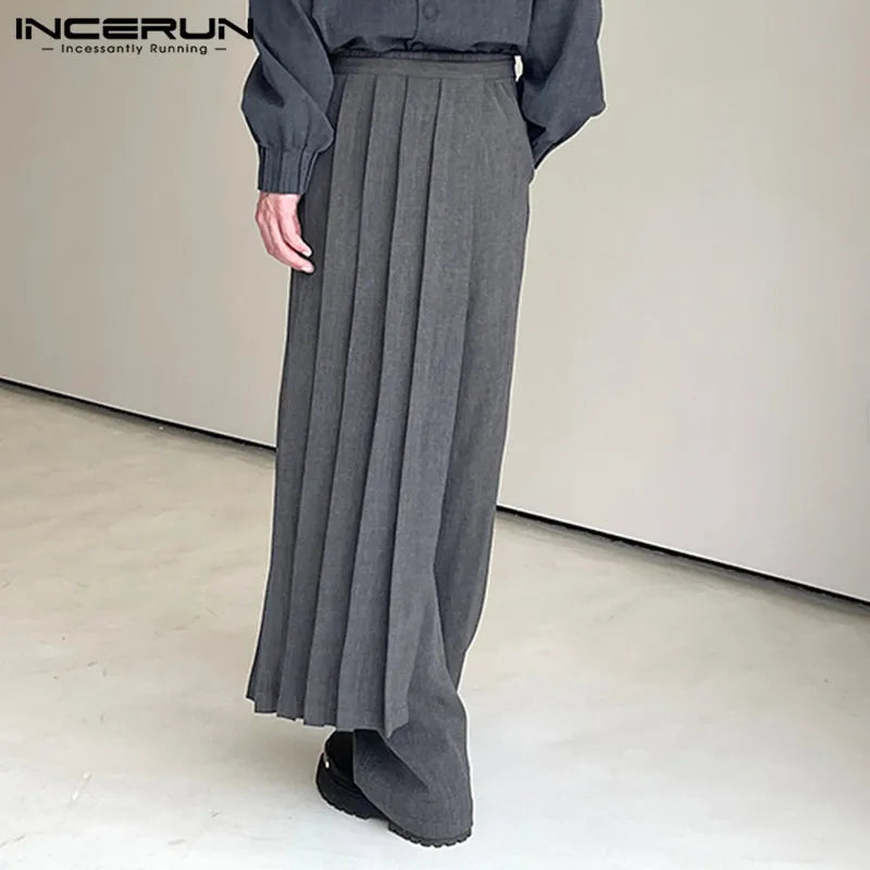 INCERUN 2024 Korean Style Men's Pantalons Detachable Half Pleated Skirts Pants Leisure Solid All-match Wide Leg Long Pants S-5XL