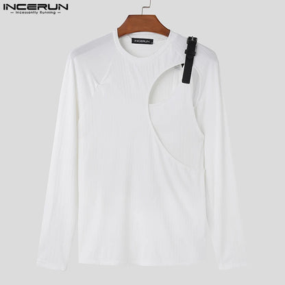 Stilvolle, heiß verkaufte Tops INCERUN Neue Männer T-Shirts mit Metallschnallen-Design Casual Male Hollow O-Neck Langarm Camiseta S-5XL 2023