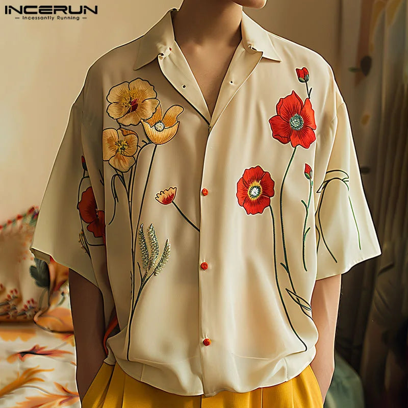 INCERUN Tops 2024 American Style Fashion Men's Floral Print Design Shirt Casual Streetwear Simple Lapel Half Sleeve Blouse S-5XL