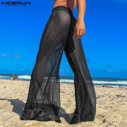 New Men Party Clubwear Trousers INCERUN 2024 American Style Fashionable Sexy Glittering Fabric Perspective Thin Long Pants S-5XL