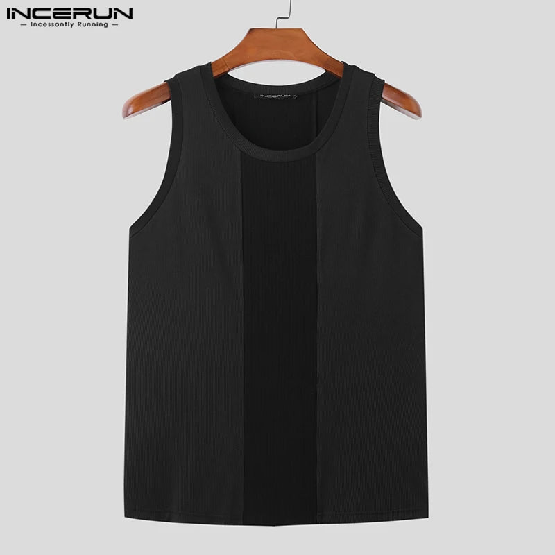 INCERUN Tops 2024 Style coréen Hommes Pit Stripe Tricoté Épissé Réservoir Hauts Décontracté Streetwear Mâle Couleur Unie Simple Gilets S-5XL