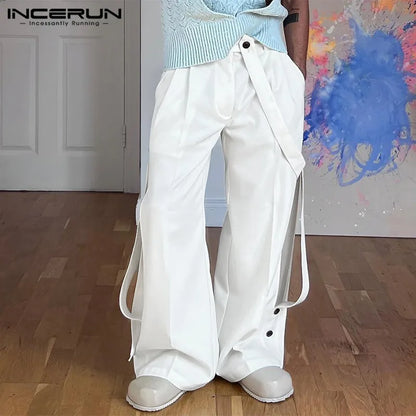 INCERUN 2024 Fashionable Men's Trousers Ribbon Deconstruction Design Pants Casual Well Fitting Personality Solid Pantalons S-5XL