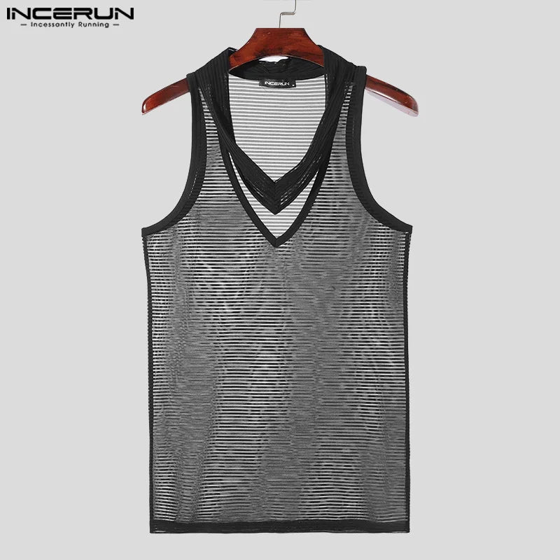 INCERUN Tops 2024 Mode Hommes Double Col En V Creux Conception Gilets Été Streetwear Vente Chaude Rayé Sans Manches Débardeurs S-5XL