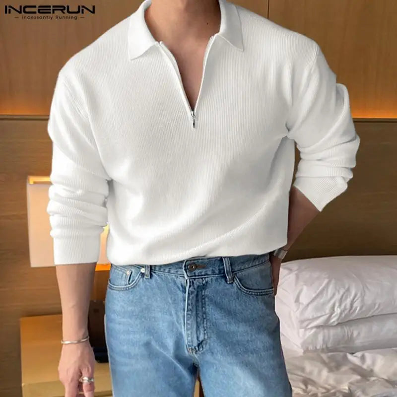 INCERUN Tops 2023 Korean Style New Men's Lapel Half Zip Design T-shirts Casual Fashion Solid Stripe Long Sleeved Camiseta S-5XL