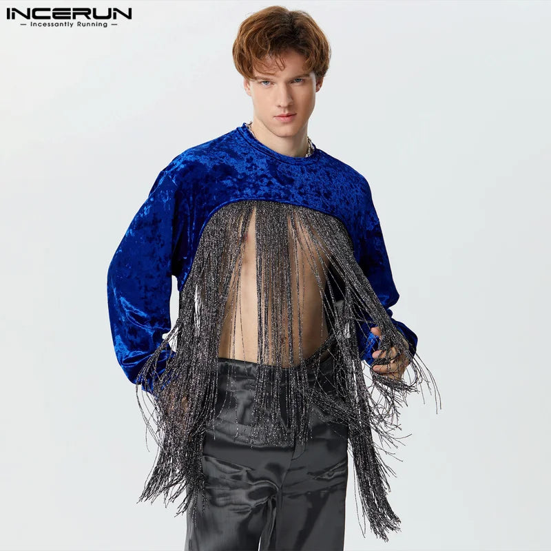 Stylish Casual Style Tops INCERUN Men's Cropped Suede Patchwork Long Tassel T-shirts Sexy Male Long Sleeved Camiseta S-5XL 2024