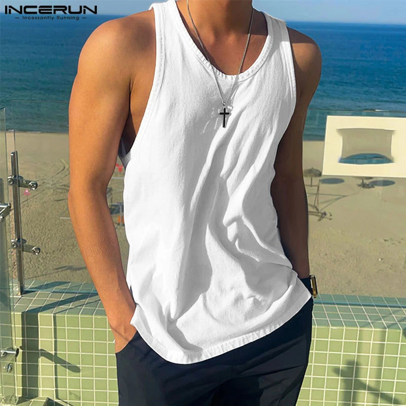 Handsome Well Fitting Tops INCERUN Men's Loose O-neck Sleeveless Vests Casual Streetwear Solid All-match Simple Tank Tops S-5XL