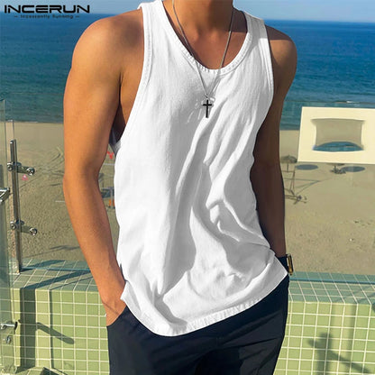 Handsome Well Fitting Tops INCERUN Men's Loose O-neck Sleeveless Vests Casual Streetwear Solid All-match Simple Tank Tops S-5XL