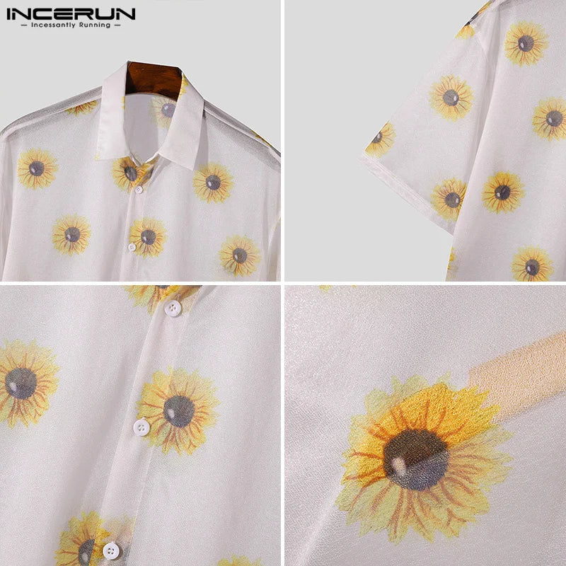 Casual Stylish Style Tops INCERUN Men's Dense Mesh Perspective Sunflower Printed Shirts Summer Street Short Sleeved Blouse S-5XL