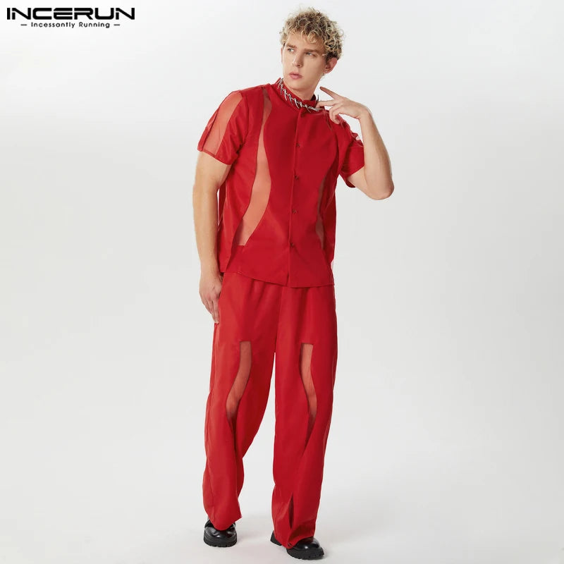 INCERUN 2024 Amerikanischen Stil Casual Sets Männer Kurzarm Hemden Hosen Mode Männlichen Unregelmäßigen Spleißen Mesh Zwei-stück Sets S-5XL