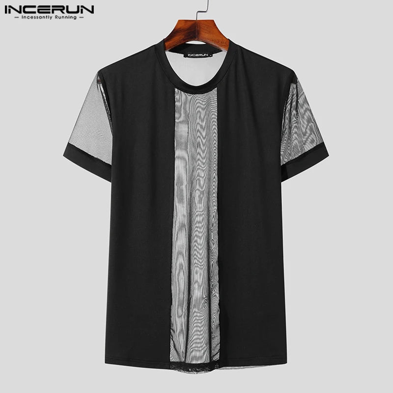 2023 Men's T Shirt Mesh Patchwork Streetwear O-neck Short Sleeve Sexy Camisetas See Through Fashion Men Clothing S-5XL INCERUN