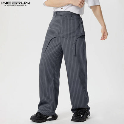 INCERUN 2024 Korean Style Trousers Men's Fashion Fake Two-piece Striped Straight Leg Pant Casual Streetwear Male Pantalons S-5XL