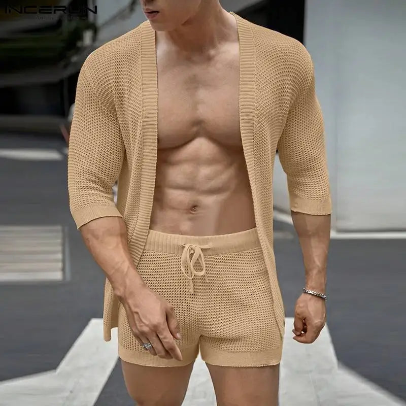 INCERUN 2023 Korea Stil Sexy Neue herren Sets Medium Ärmel Strickjacke Shorts Casual Höhlte Einfarbig Männlichen Zwei Stück Sets S-5XL