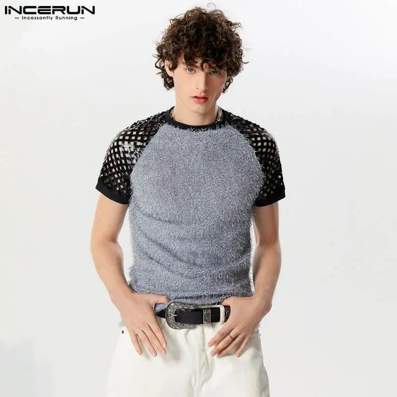 INCERUN Tops 2024 Style américain Nouveaux hommes creux Patchwork daim conception T-shirts personnalité décontractée à manches courtes Camiseta S-5XL