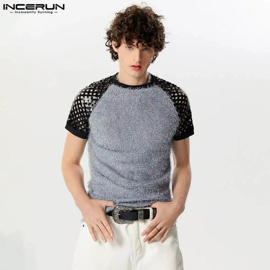 INCERUN Tops 2024 American Style New Mens Hollow Patchwork Suede Design T-shirts Casual Personality Short Sleeved Camiseta S-5XL