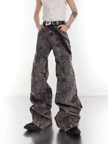 HOUZHOU Y2K Jeans mit weitem Bein für Herren, plissiert, Vintage-Mode, Micro-Flared-Jeans, High Street, Bootcut-Hose, Herren-Stapeldesign