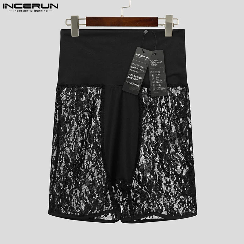 INCERUN 2024 Sexy Mens Homewear Lace Perspective Sleepwear Casual Fashionable Male Thin Comfortable Spliced Elastic Shorts S-5XL