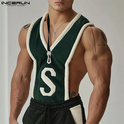 INCERUN Tops 2024 Koreanischen Stil Sexy Mode Männer S Brief Muster Spleißen Gestreiften Westen Sommer Casual Ärmellose Tank Tops S-5XL