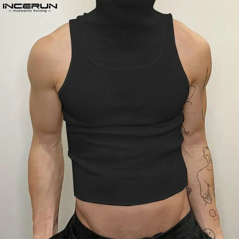 INCERUN Tops 2024 Handsome New Men's Knitted Pit Stripe Design Vests Casual Street Solid High Neck Tight Fitting Tank Tops S-5XL