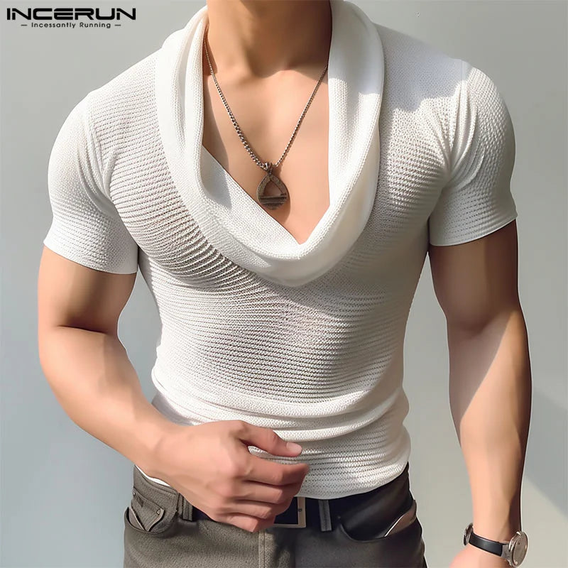 INCERUN Tops 2024 Korean Style Fashion Men's Pile Neck Hollow Perspective T-shirts Casual Sexy Thin Short Sleeved Camiseta S-5XL