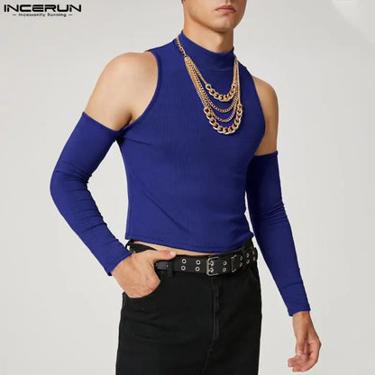 INCERUN Hommes T-shirt Couleur Unie Col Roulé À Manches Longues Épaule Dénudée Décontracté Camisetas 2023 Évider Streetwear Sexy Crop Tops