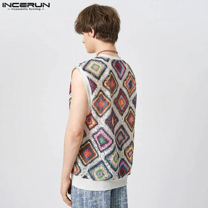 INCERUN 2023 Men Tank Tops Lace V Neck Sleeveless Printing See Through Summer Sexy Vests Streetwear Vacation Casual Men Clothing