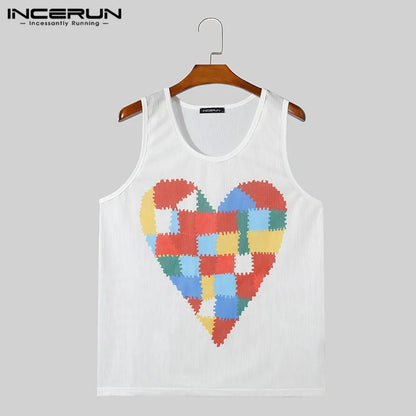 INCERUN Tops 2024 American Style Fashion Men's Colorful Heart Pattern Design Vests Casual Hollow Mesh Sleeveless Tank Tops S-5XL