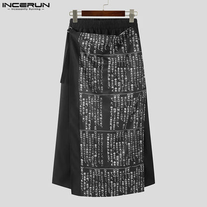 2023 Men Casual Pants Print Patchwork Elastic Waist Streetwear Fashion Irregular Trousers Loose Wide Leg Pants Men S-5XL INCERUN