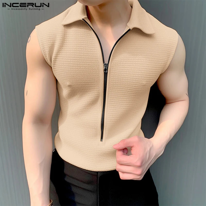 Fashion Well Fitting Tops INCERUN Men's Zipper Design T-shirts Casual Streetwear Male Solid Lapel Sleeveless Camiseta S-5XL 2024