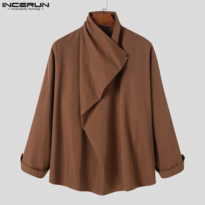 INCERUN Tops 2023 Korean Style Fashion Men's Swinging Neck Irregular Neckline Shirts Casual Solid Loose Long Sleeve Blouse S-5XL