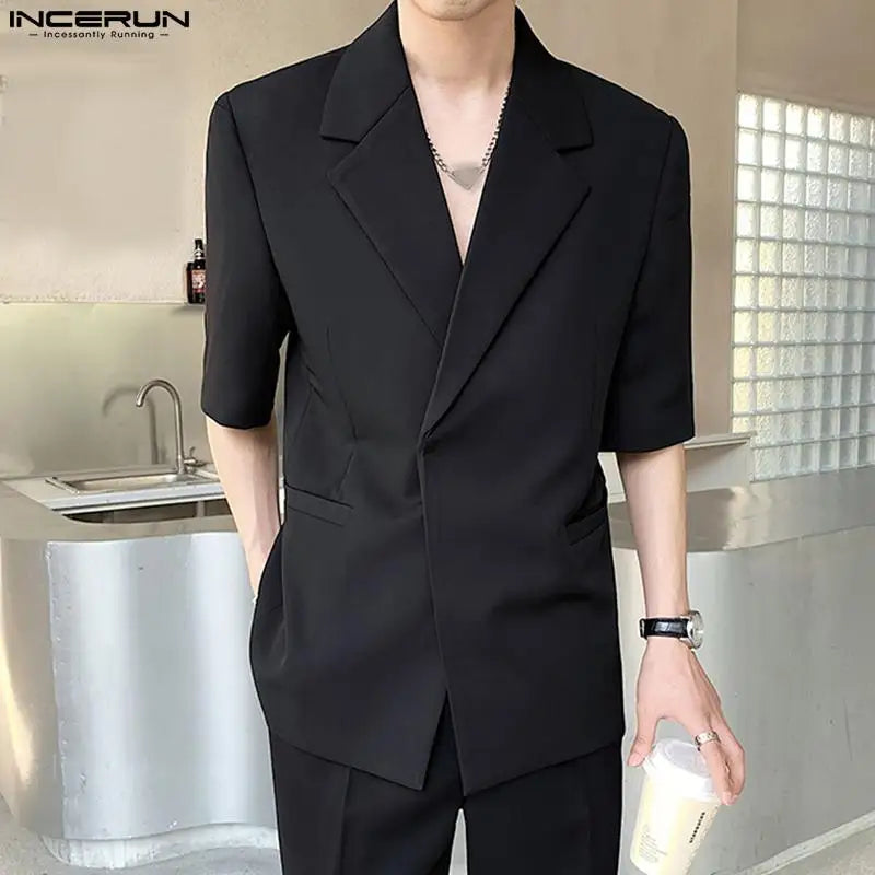 INCERUN Tops 2023 Korean Style Men's Silhouette Shoulder Pads Solid Blazer Casual Party Male All-match Short Sleeved Suit S-5XL