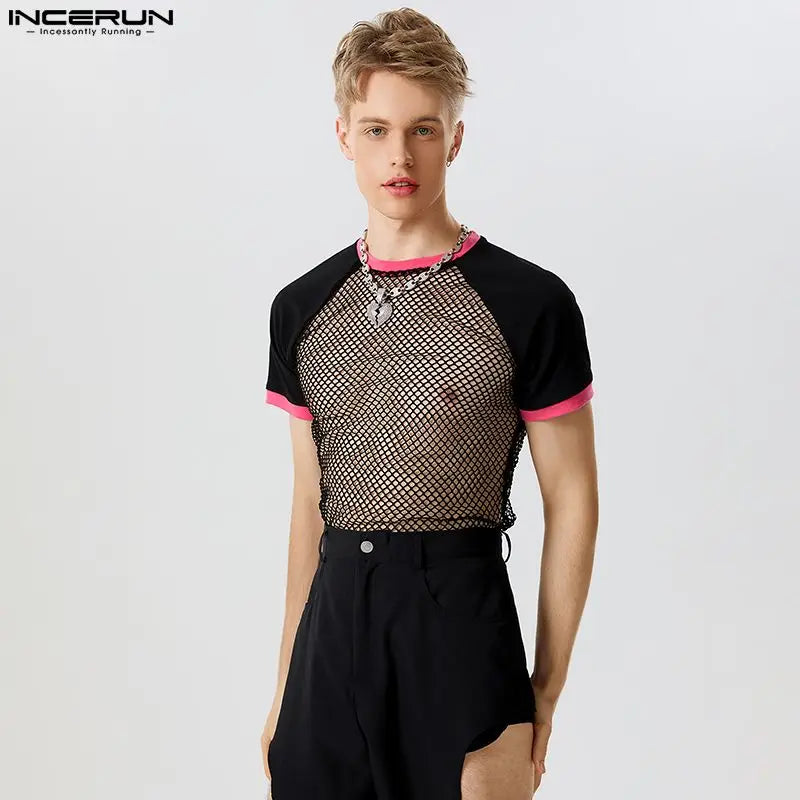 INCERUN Tops 2024 American Style New Men's See-through Mesh Patchwork Striped T-shirts Sexy Tight Raglan Sleeve Thin Tees S-5XL