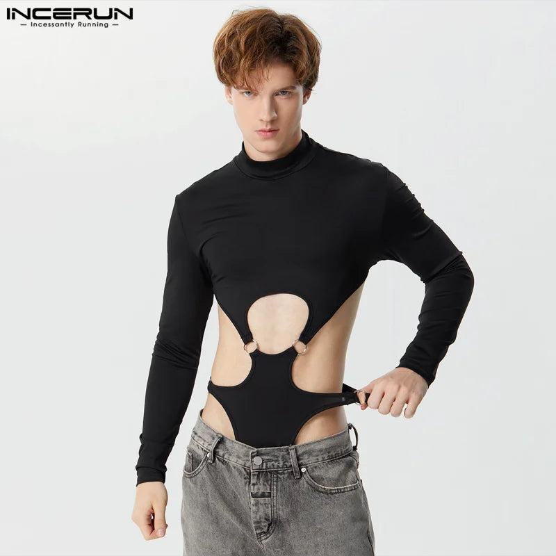 INCERUN 2023 Sexy Men's Rompers Hollow Deconstruction Design Jumpsuits Male Half High Neck Long Sleeved Triangle Bodysuits S-5XL