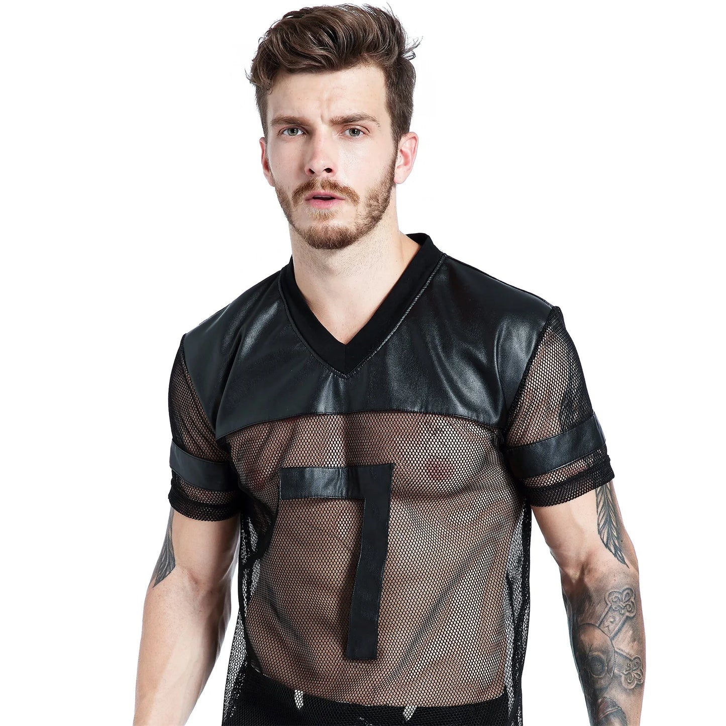 CLEVER-MENMODE Sexy Herren Netz-T-Shirt PU Kunstleder Mesh Shirts Durchsichtige Tops T-Shirt Transparent Kurzarm Bühnen-Clubwear