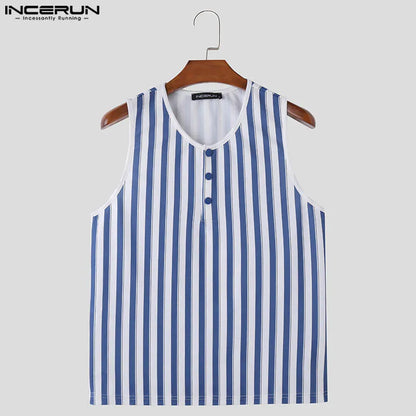 INCERUN Tops 2024 Korean Style Fashion New Mens V-neck Striped Vests Casual Streetwear Male All-match Sleeveless Tank Tops S-5XL