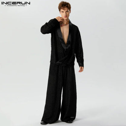 INCERUN 2023 Sexy Mode herren Sets Spitze Perspektive Lose Ärmel Strickjacke Breite Bein Hosen Casual Heißer Verkauf Zwei Stück Sets S-5XL